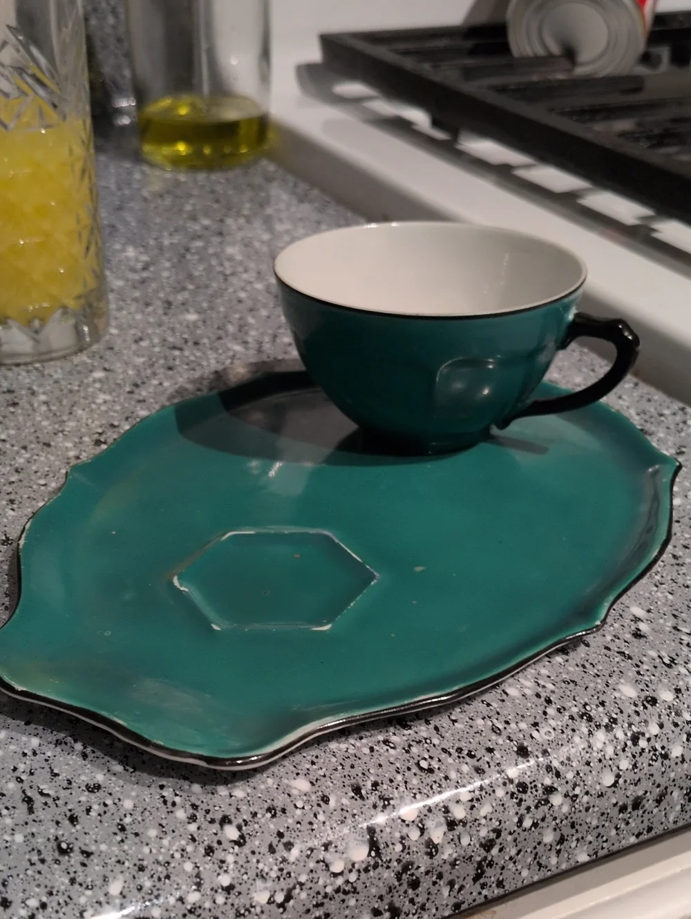 Vintage Czechoslovakia Teal Porcelain Snack Set - 3 Cups & Plates